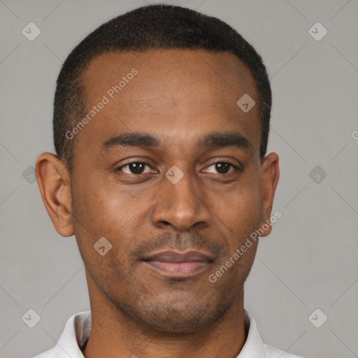 Neutral black young-adult male with short  black hair and brown eyes