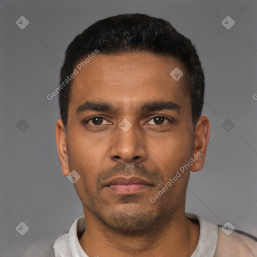 Neutral latino young-adult male with short  black hair and brown eyes