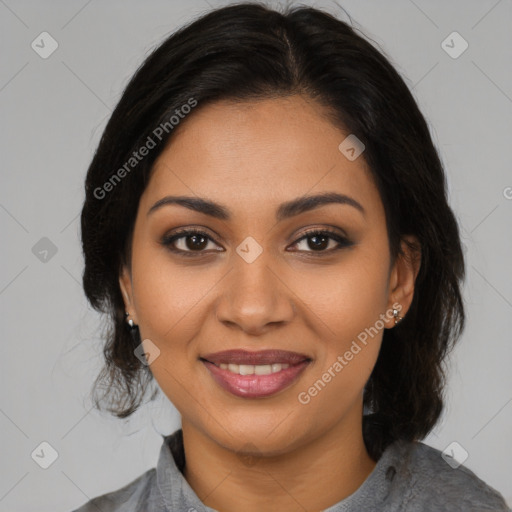 Joyful latino young-adult female with medium  brown hair and brown eyes