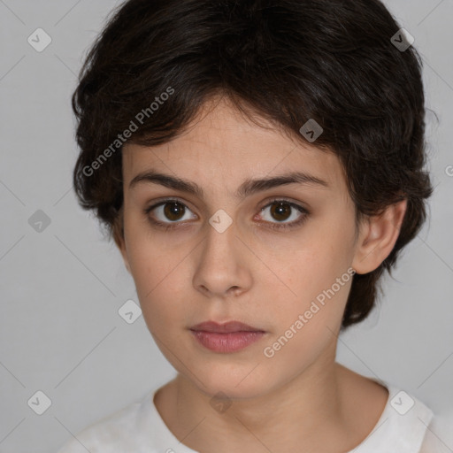 Neutral white young-adult female with medium  brown hair and brown eyes