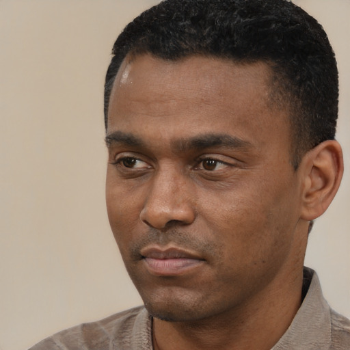 Neutral black young-adult male with short  black hair and brown eyes