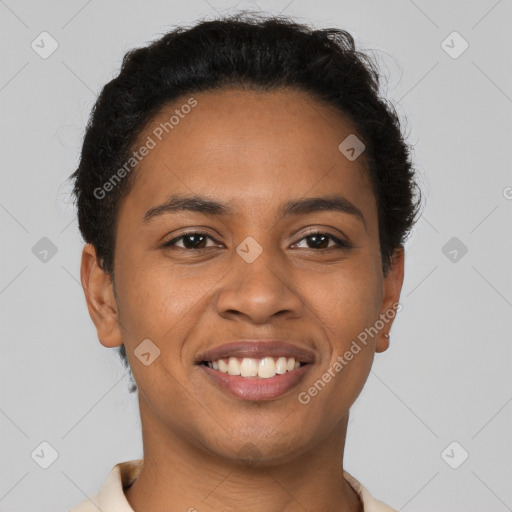 Joyful latino young-adult female with short  brown hair and brown eyes