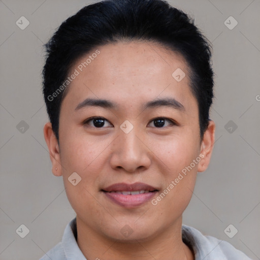 Joyful asian young-adult male with short  black hair and brown eyes