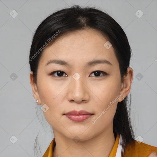 Neutral asian young-adult female with medium  black hair and brown eyes