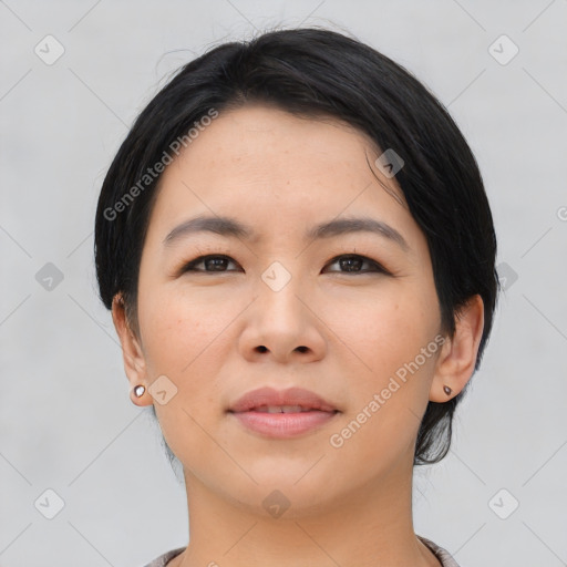 Neutral asian young-adult female with medium  black hair and brown eyes