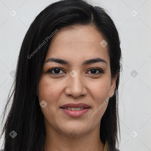 Joyful latino young-adult female with long  brown hair and brown eyes