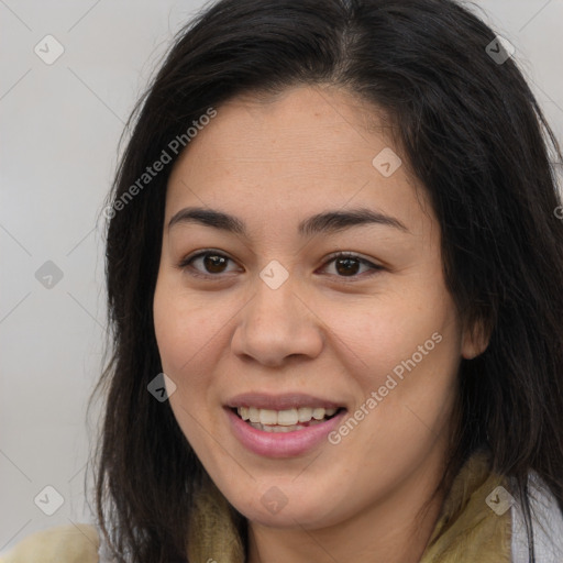 Joyful white young-adult female with long  brown hair and brown eyes