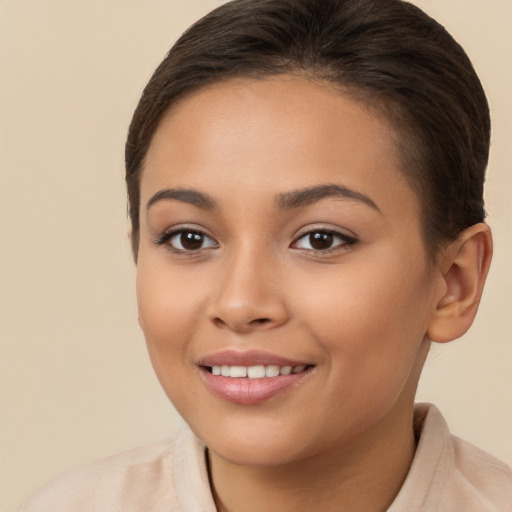 Joyful white young-adult female with long  brown hair and brown eyes