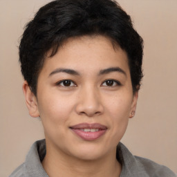 Joyful asian young-adult female with short  brown hair and brown eyes