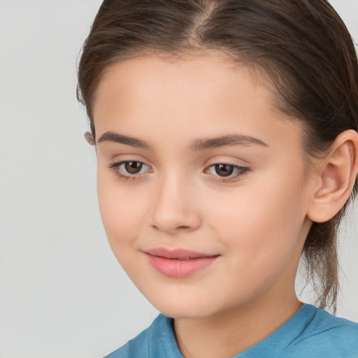 Joyful white child female with medium  brown hair and brown eyes