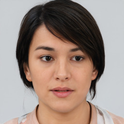 Neutral asian young-adult female with medium  brown hair and brown eyes