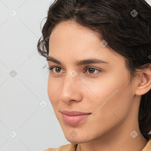 Neutral white young-adult female with medium  brown hair and brown eyes