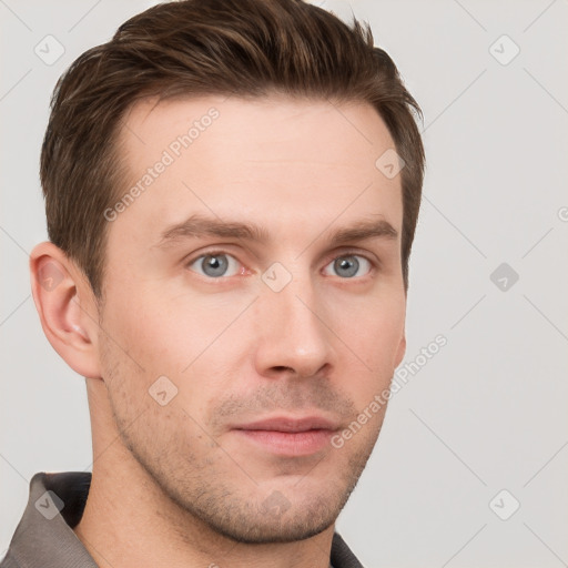 Neutral white young-adult male with short  brown hair and grey eyes