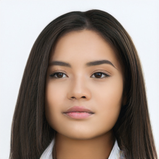 Neutral asian young-adult female with long  black hair and brown eyes