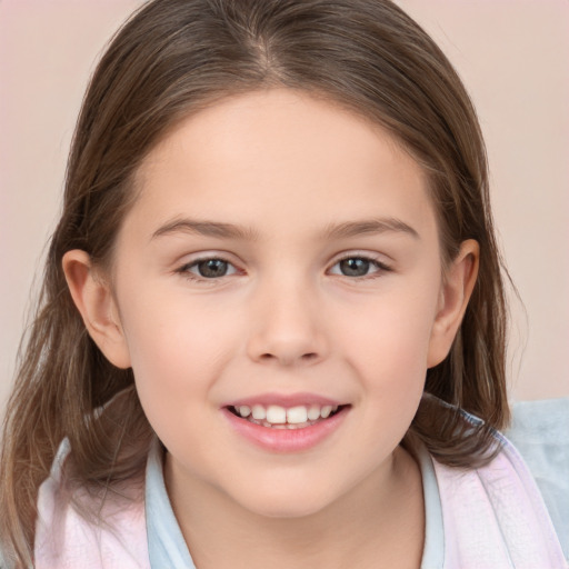 Joyful white child female with medium  brown hair and brown eyes