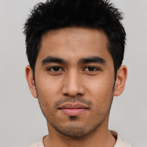 Neutral asian young-adult male with short  black hair and brown eyes