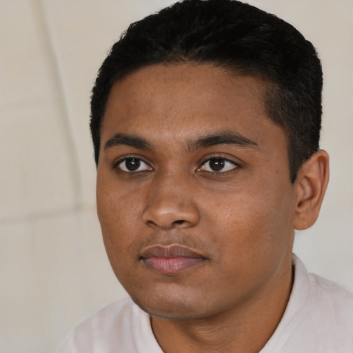 Neutral black young-adult male with short  black hair and brown eyes