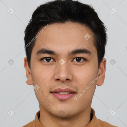 Neutral asian young-adult male with short  brown hair and brown eyes