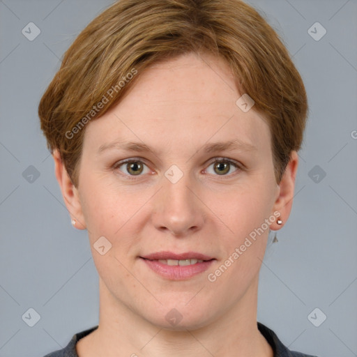 Joyful white young-adult female with short  brown hair and grey eyes