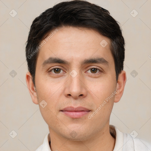 Joyful white young-adult male with short  brown hair and brown eyes