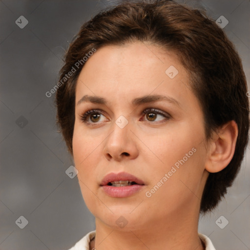 Neutral white young-adult female with medium  brown hair and brown eyes