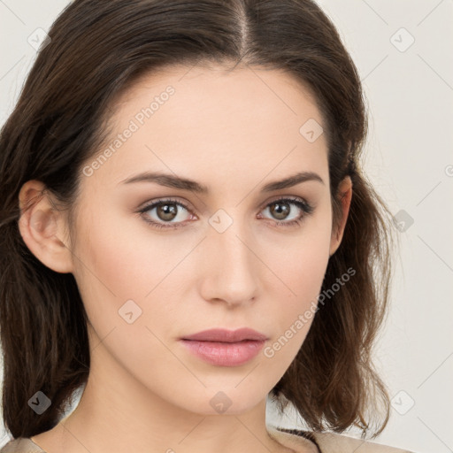 Neutral white young-adult female with medium  brown hair and brown eyes