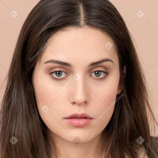 Neutral white young-adult female with long  brown hair and brown eyes