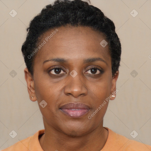 Neutral black young-adult female with short  black hair and brown eyes