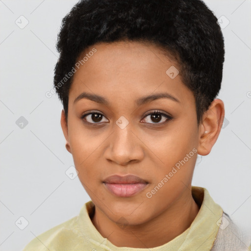 Joyful latino young-adult female with short  brown hair and brown eyes