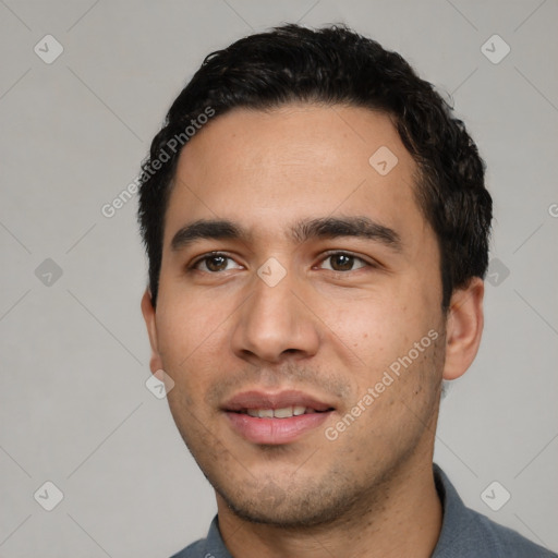 Neutral white young-adult male with short  black hair and brown eyes