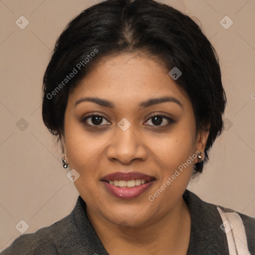 Joyful black young-adult female with medium  black hair and brown eyes