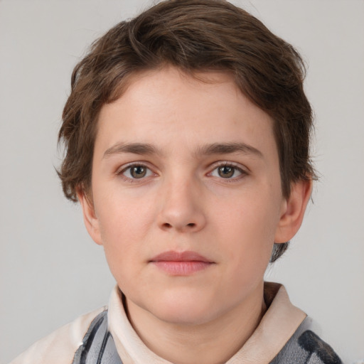 Neutral white young-adult female with short  brown hair and brown eyes