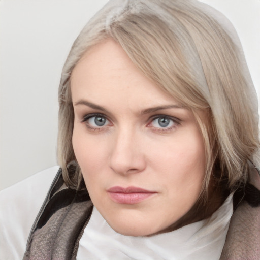 Neutral white young-adult female with medium  brown hair and grey eyes