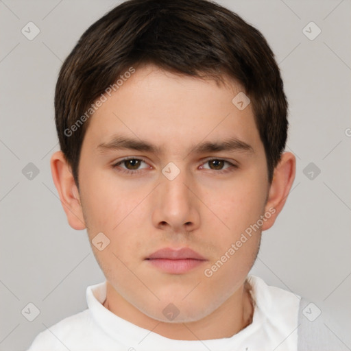 Neutral white young-adult male with short  brown hair and brown eyes