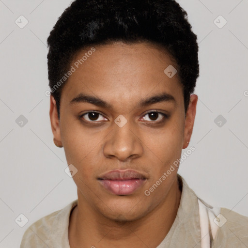 Neutral latino young-adult male with short  black hair and brown eyes