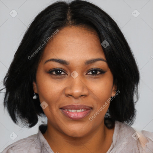 Joyful black young-adult female with medium  black hair and brown eyes