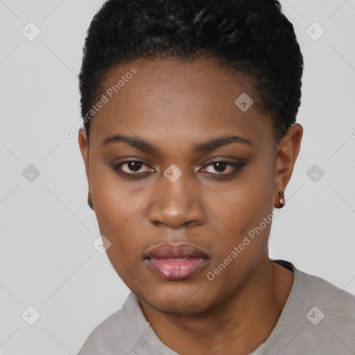 Neutral black young-adult female with short  black hair and brown eyes