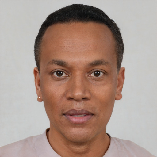 Neutral latino adult male with short  black hair and brown eyes
