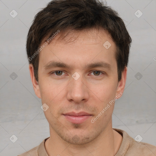 Neutral white young-adult male with short  brown hair and brown eyes