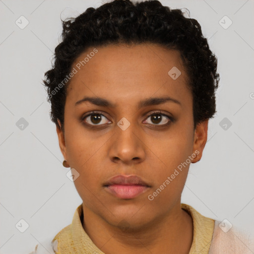 Neutral black young-adult female with short  black hair and brown eyes