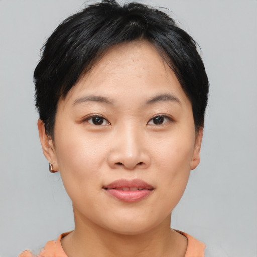 Neutral asian young-adult female with short  black hair and brown eyes