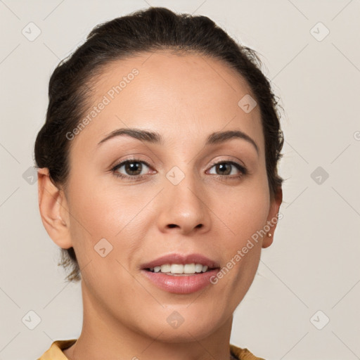 Joyful white young-adult female with short  brown hair and brown eyes