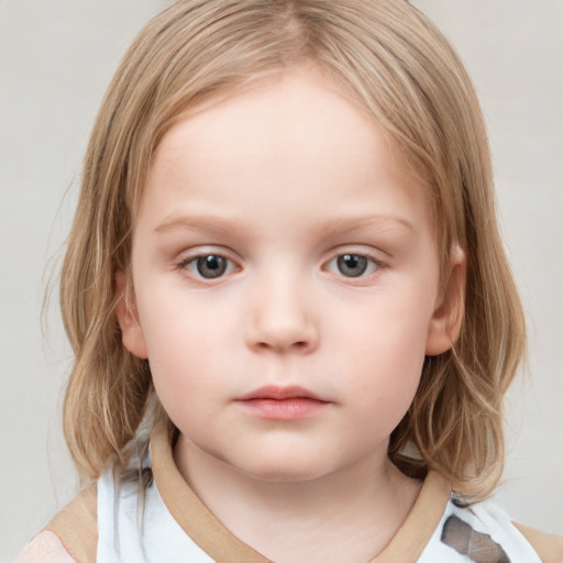 Neutral white child female with medium  brown hair and blue eyes