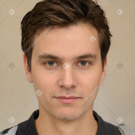 Neutral white young-adult male with short  brown hair and brown eyes