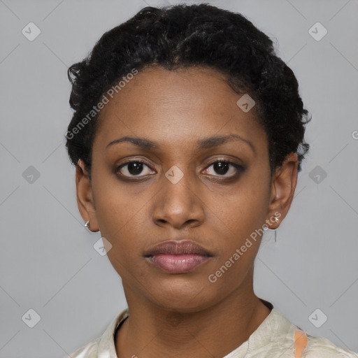 Neutral black young-adult female with short  black hair and brown eyes