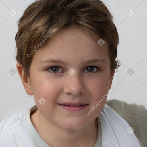 Joyful white child female with short  brown hair and brown eyes