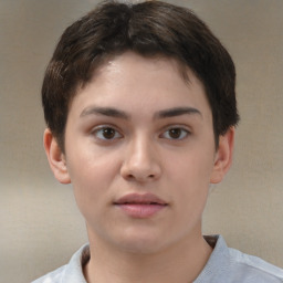 Neutral white young-adult female with short  brown hair and brown eyes