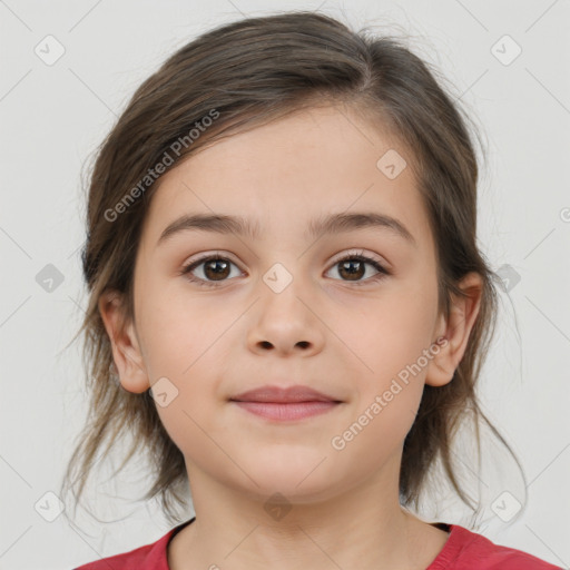 Joyful white child female with medium  brown hair and brown eyes