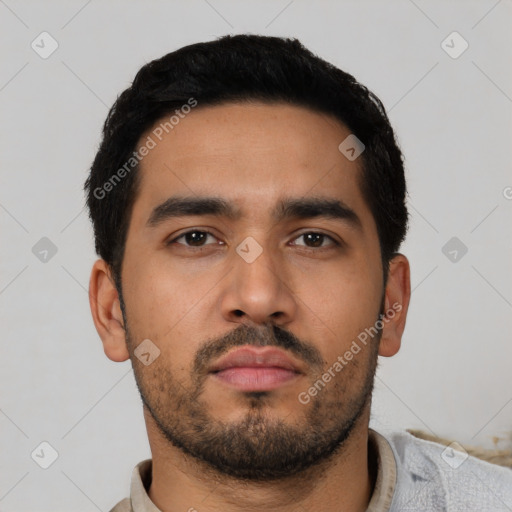 Neutral latino young-adult male with short  black hair and brown eyes