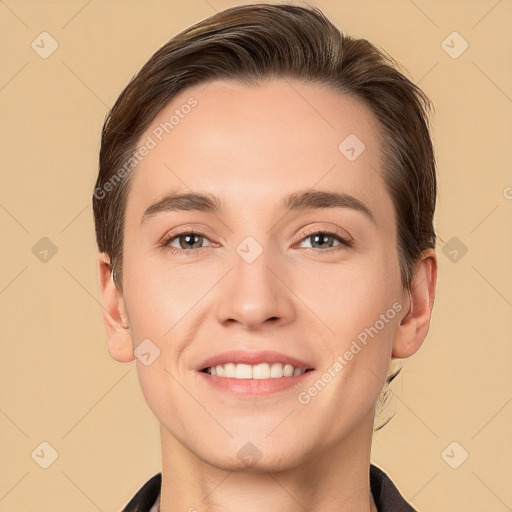 Joyful white young-adult male with medium  brown hair and brown eyes